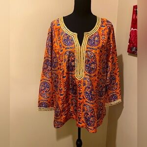 Soft Surroundings Pumpkin. & Blue Paisley Tunic w/ Gold Brocade V Neck’ size 1X
